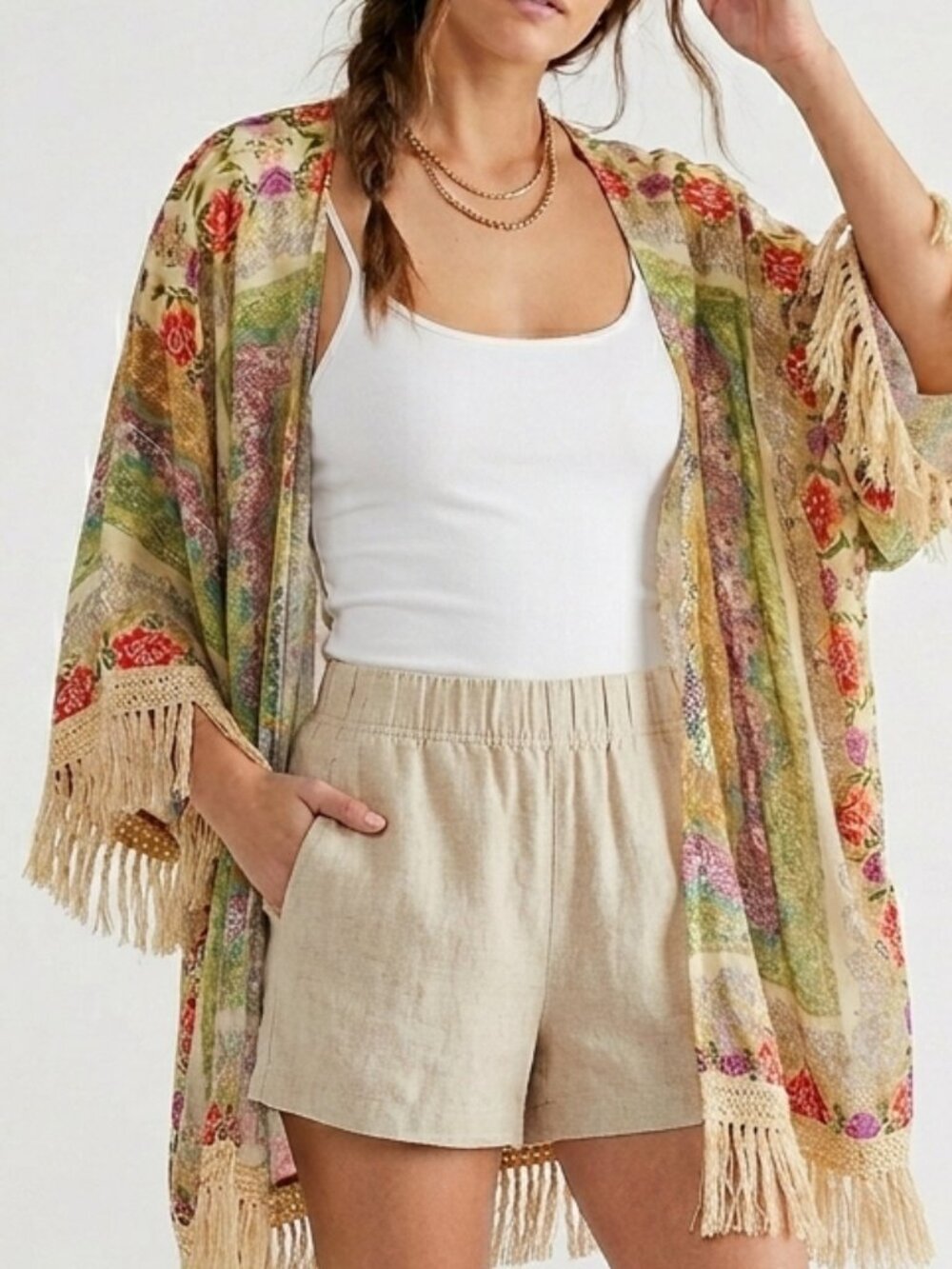64 sixty five Women's Boho Floral Kimono Top Rayon Lightweight Open Front size M